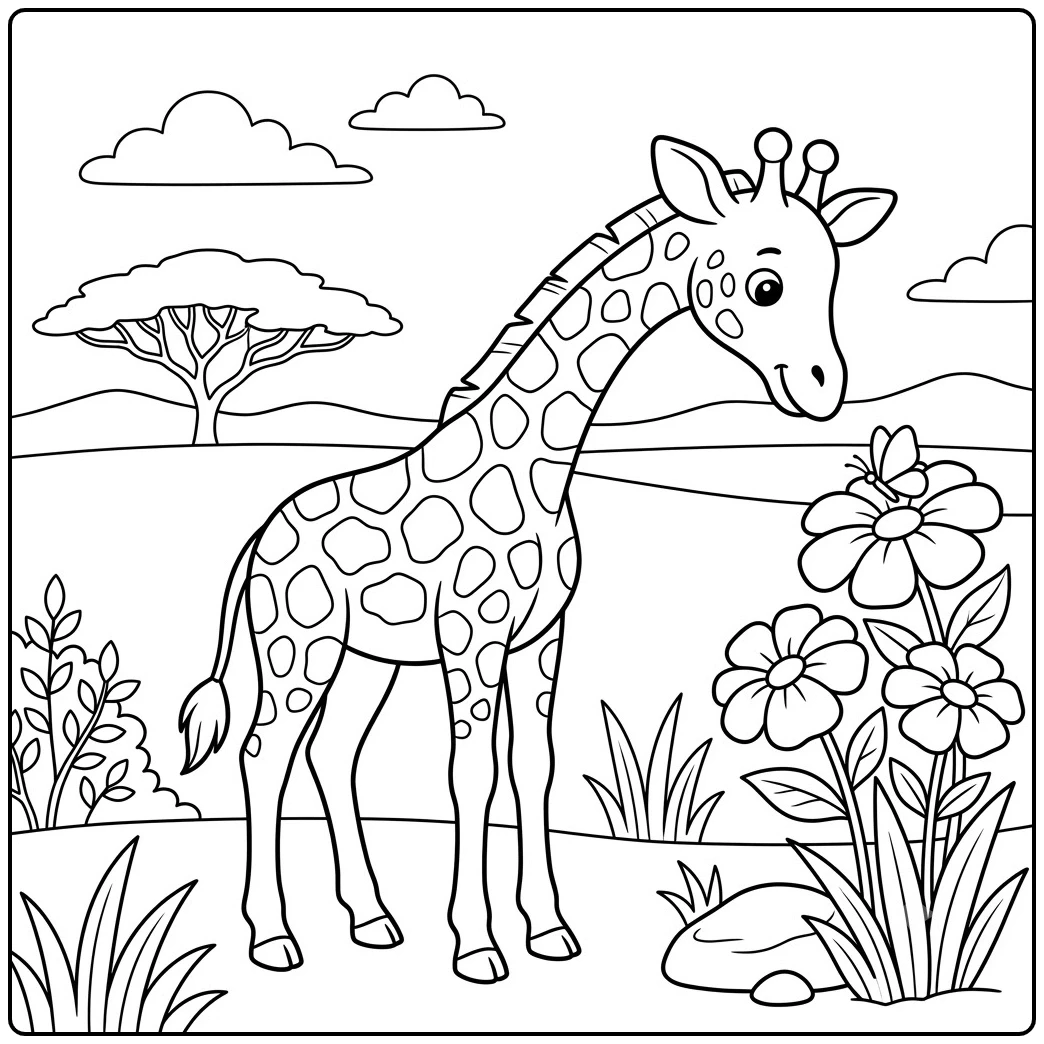 Young giraffe meets a butterfly by flowers in giraffe coloring pages for kids