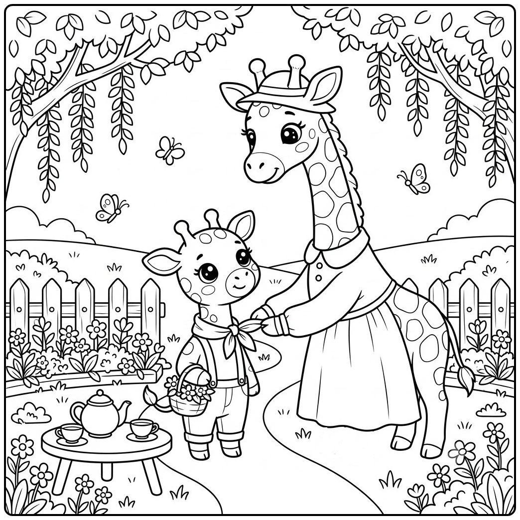 Dressed mother giraffe adjusts her calf’s scarf beside a garden tea table and flowers.