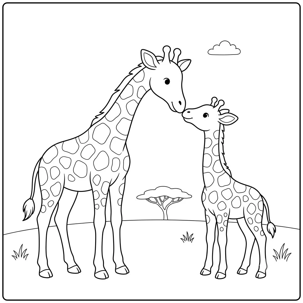 Adult giraffe and calf gently touch noses on a quiet savanna with distant acacia