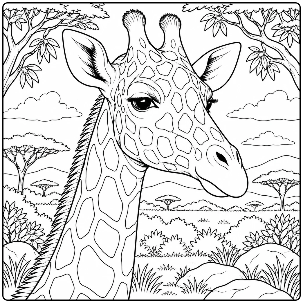 Detailed three-quarter giraffe portrait rises above shrubs, rocks, and distant trees