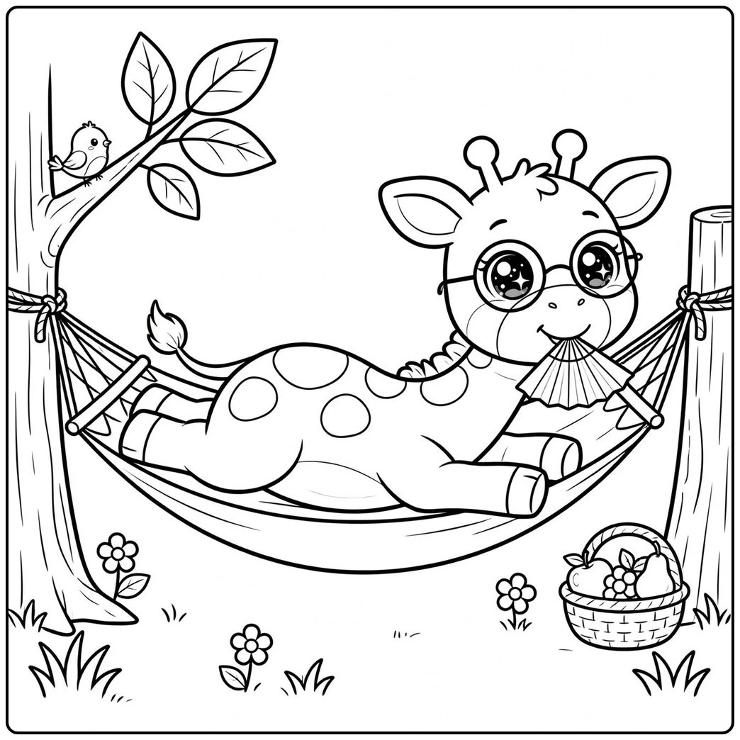 Relaxed giraffe lounges in a hammock with round glasses, a fan, flowers, and fruit