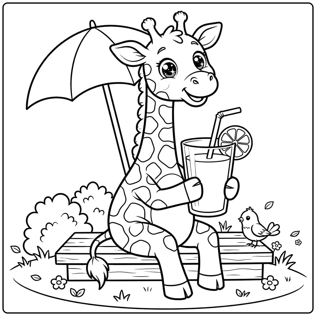 Smiling giraffe sits on a park bench holding lemonade beneath a large umbrella