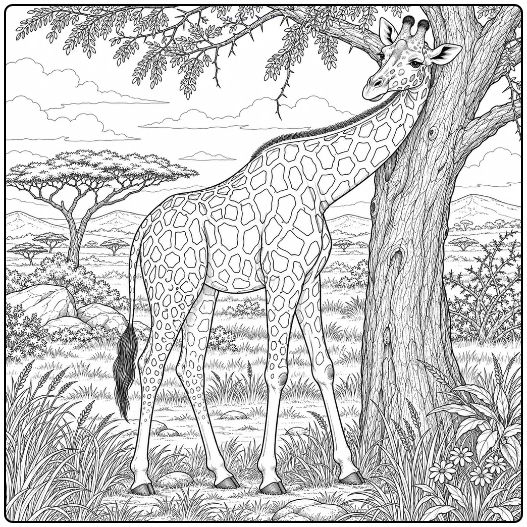 Tall giraffe rests its long neck against a tree amid grasses, flowers, and distant hills
