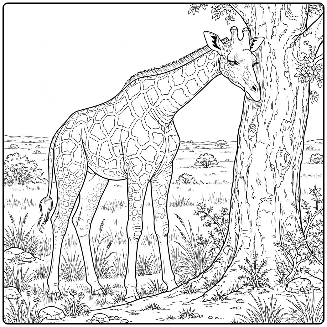 Adult giraffe presses its neck against a large tree trunk in an open savanna landscape