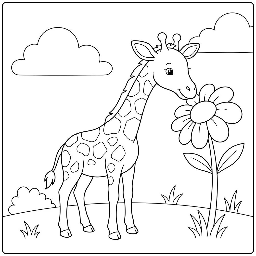 Young giraffe smells a giant flower in a preschool giraffe coloring pages scene