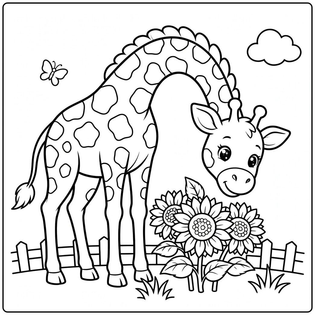 Young giraffe bends toward sunflowers as a butterfly hovers beside the garden fence