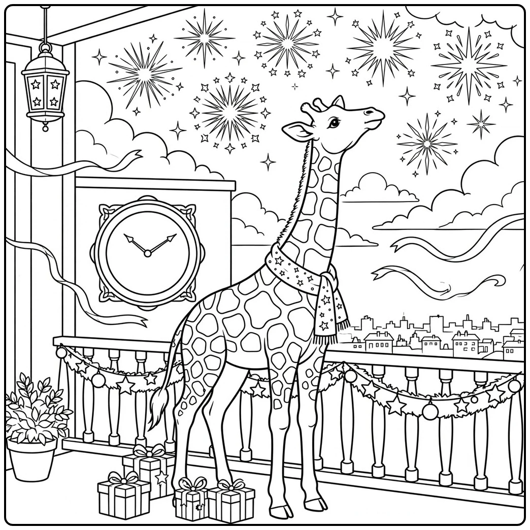 New Year giraffe coloring page with balcony fireworks, gifts, lantern, and clock