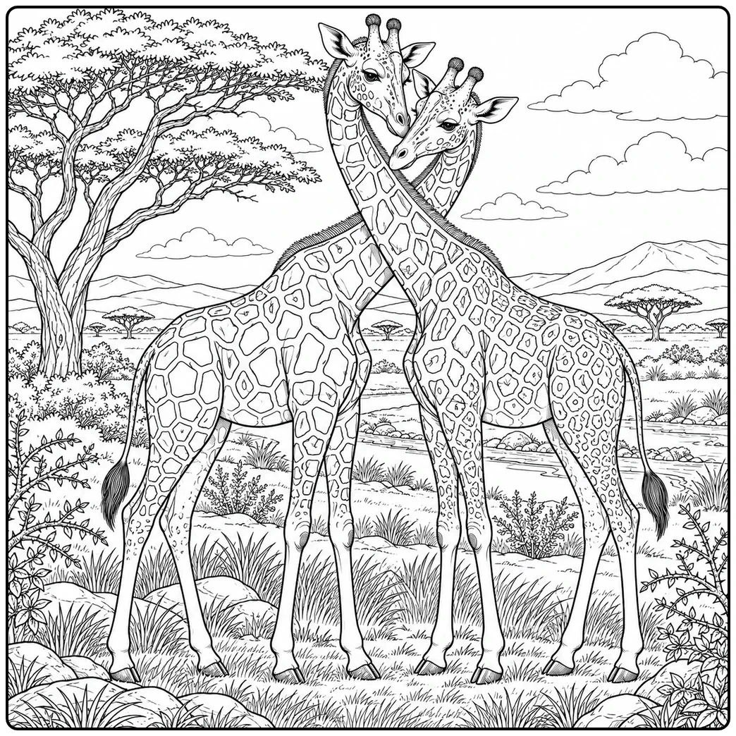 Two giraffes cross their necks in a detailed giraffe coloring page for adults savanna scene