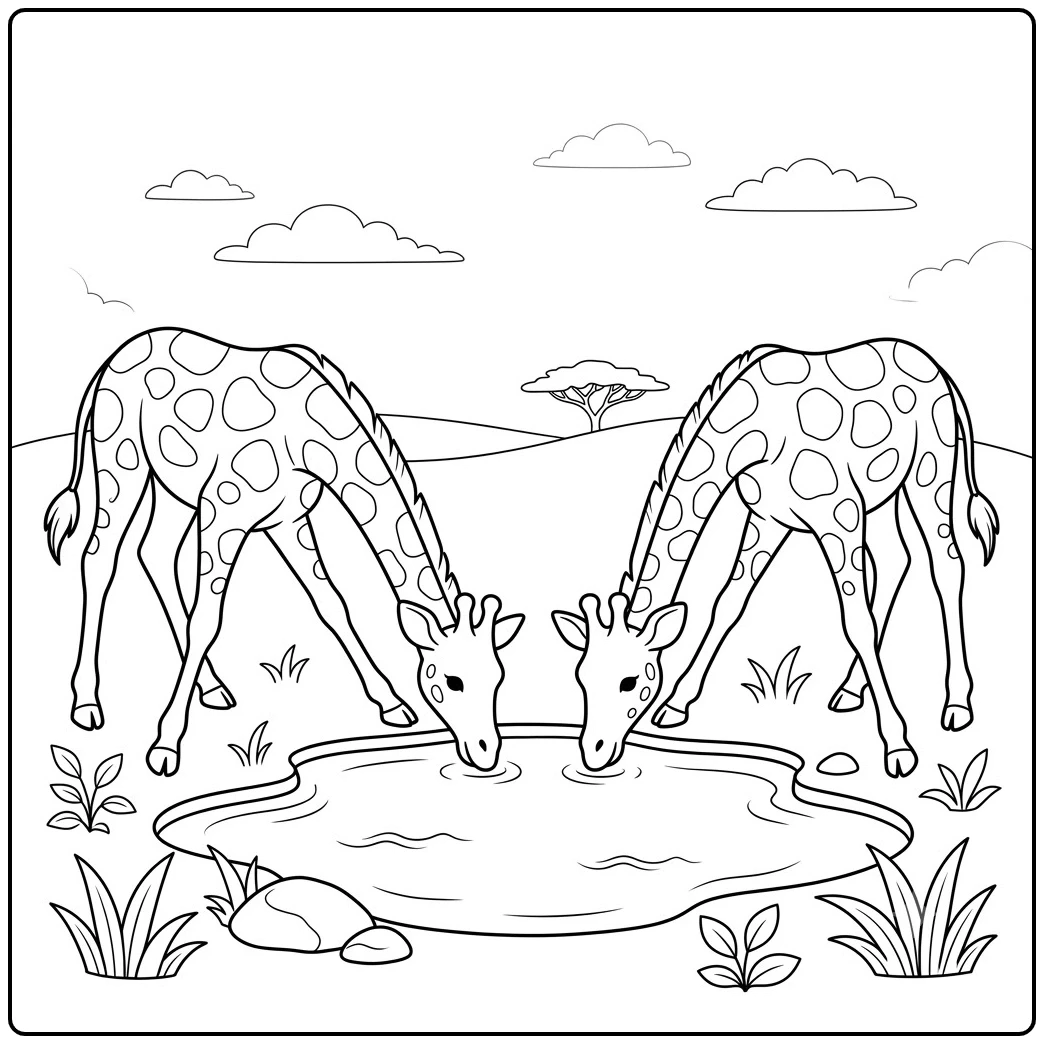 Two long-necked giraffes bend down together to drink from a small waterhole