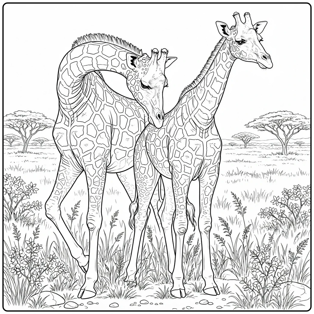 Two adult giraffes share a gentle grooming moment among grasses and distant acacia trees