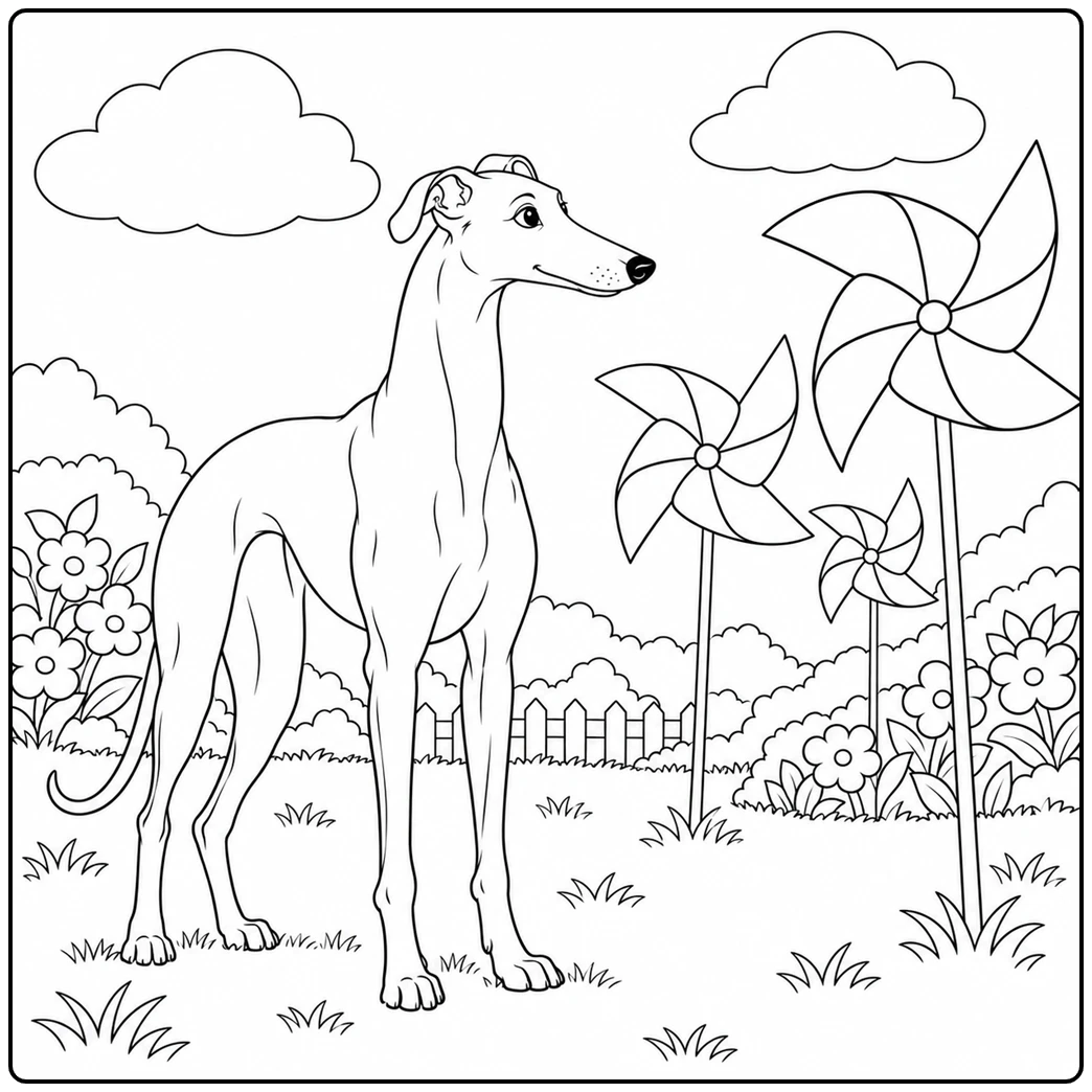 Greyhound stands in a flower garden watching three large pinwheels turn in the breeze