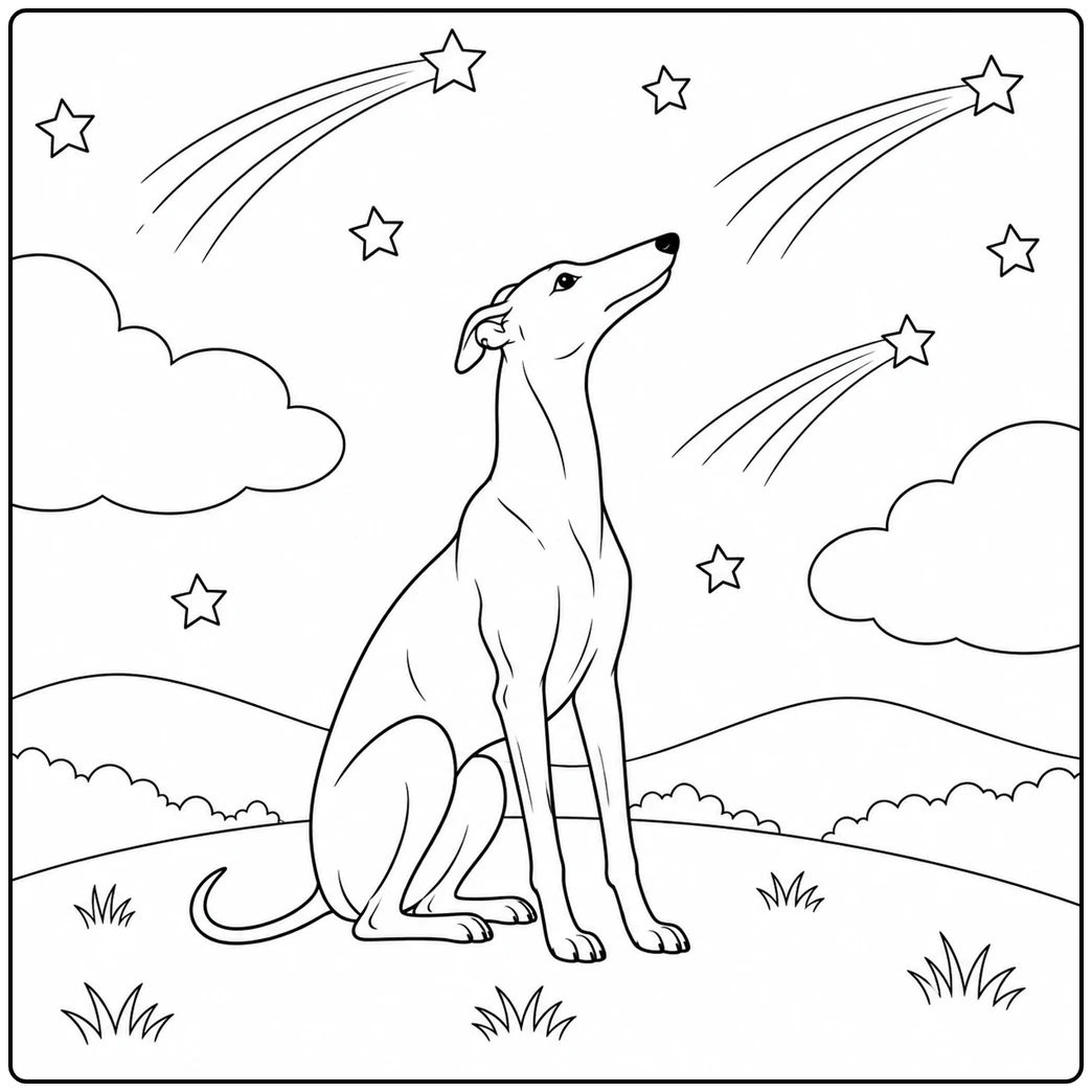 Seated Greyhound gazes upward at shooting stars over rolling hills and clouds