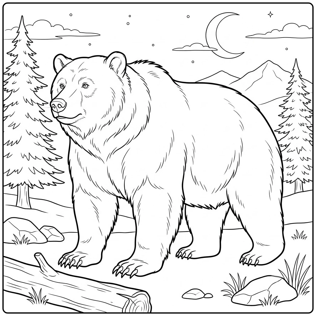 Adult grizzly stands beneath a crescent moon among pine trees and distant mountain peaks
