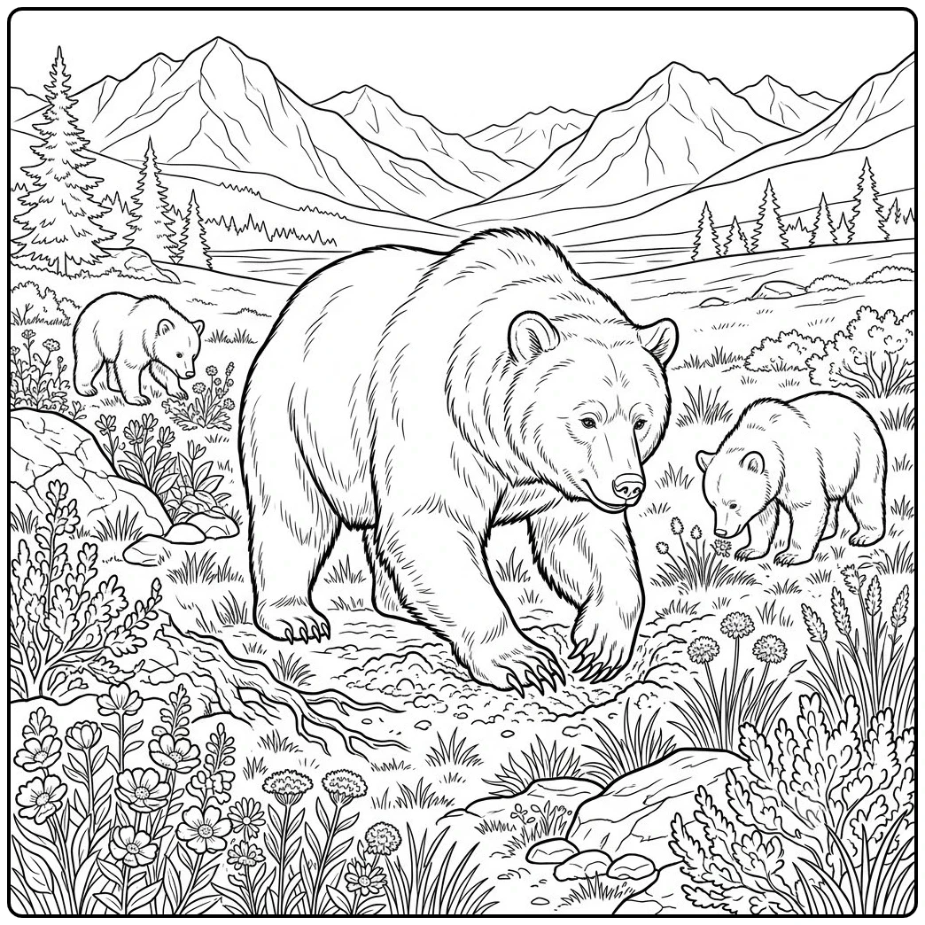 Mother and two cubs forage in a wildflower meadow on this grizzly bear coloring page