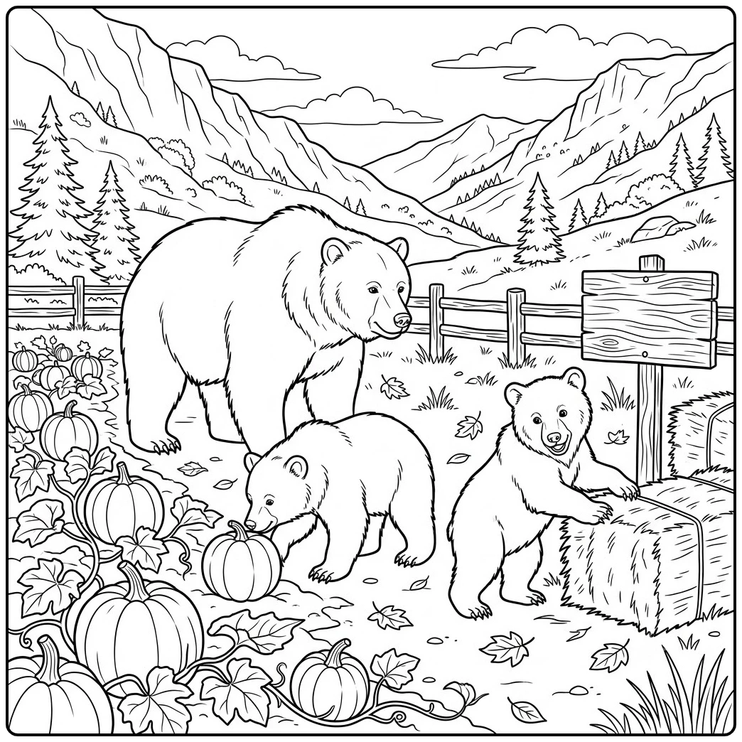 A fall grizzly bear coloring page shows a family exploring pumpkins and hay bales in the mountains