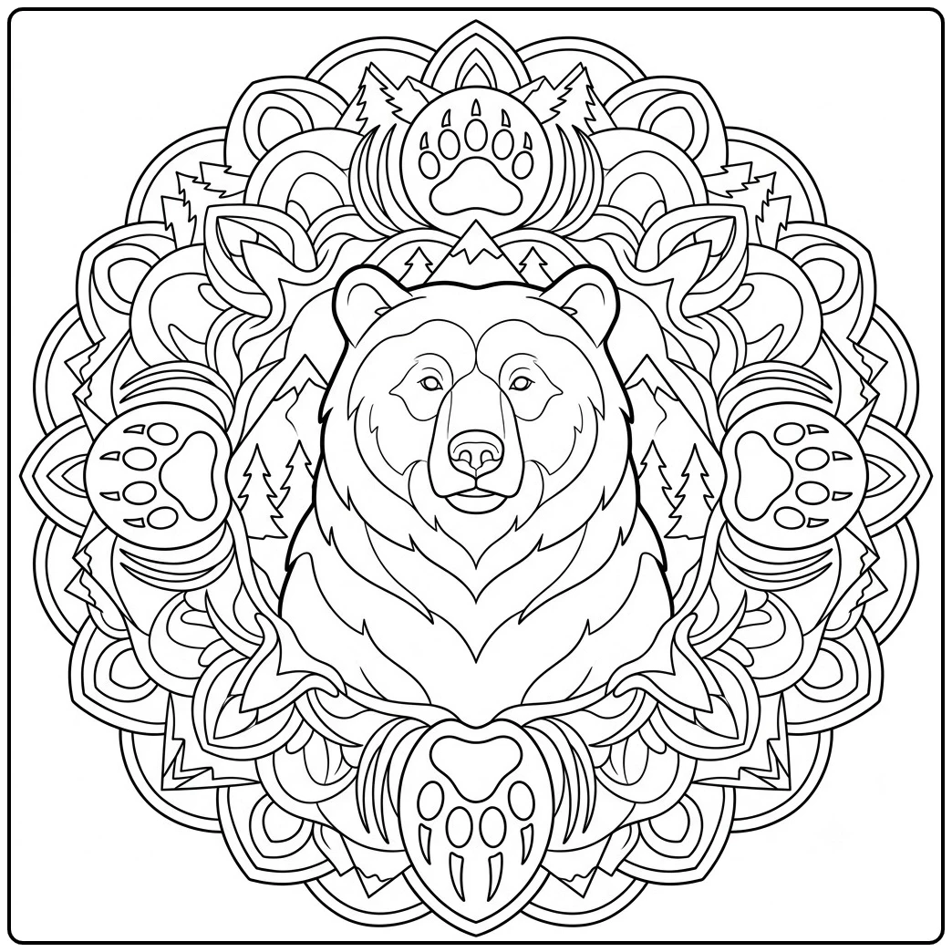 Detailed grizzly mandala combines a central bear with repeated paw prints and mountain motifs
