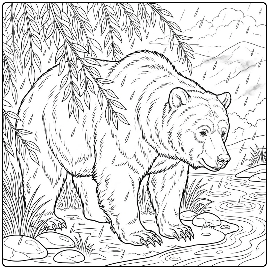 Adult grizzly stands beside a rainy river under hanging willow branches and distant mountains
