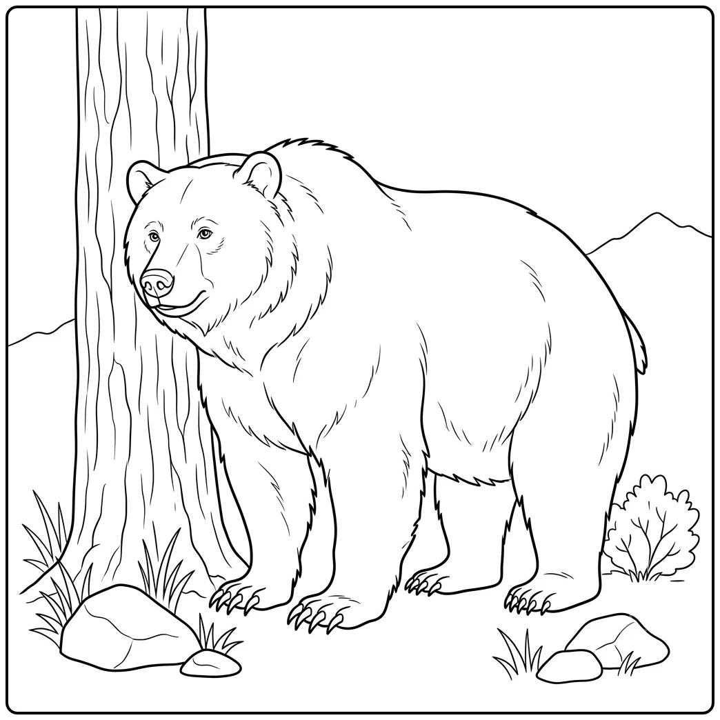 Grizzly bear standing beside a tall tree with rocks and sparse grass nearby