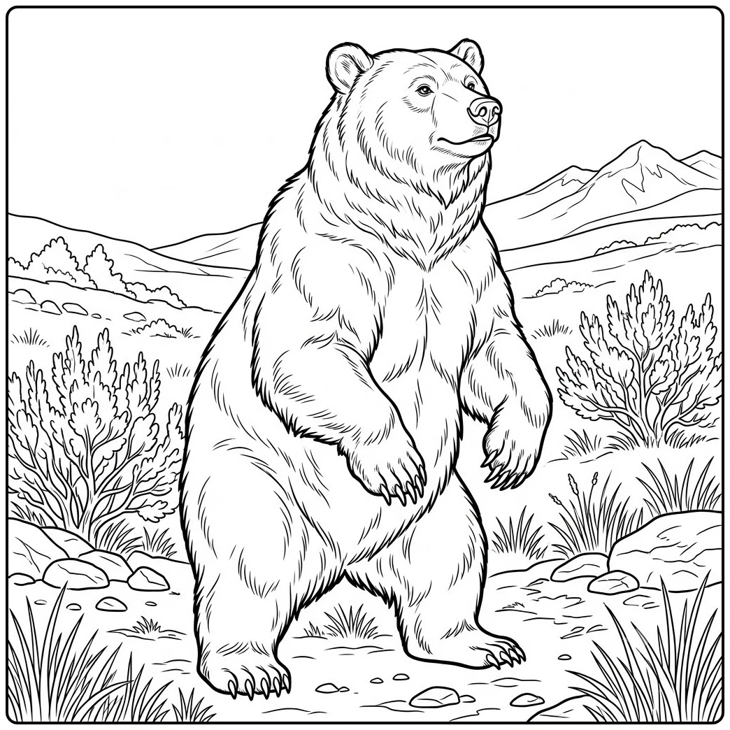 Large grizzly rises upright in an open mountain meadow surrounded by shrubs, rocks, and grass