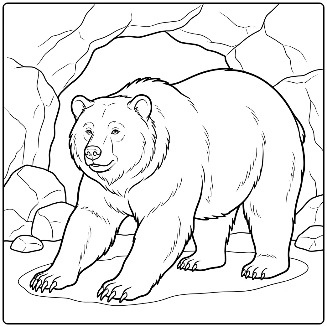 A powerful grizzly stretches its body at the cave entrance with wide paws planted on the ground.