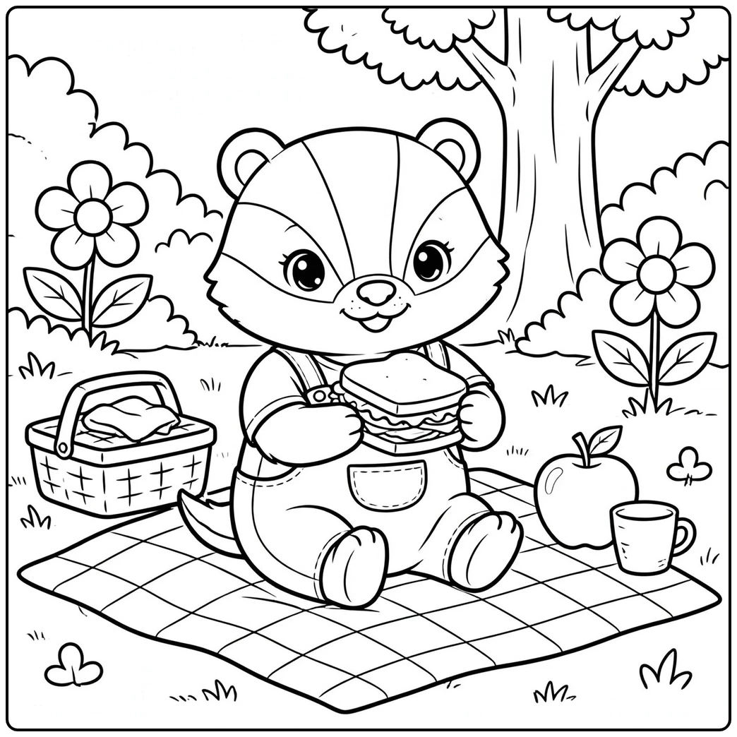 A smiling badger holds a sandwich on a picnic blanket in this badger coloring page.