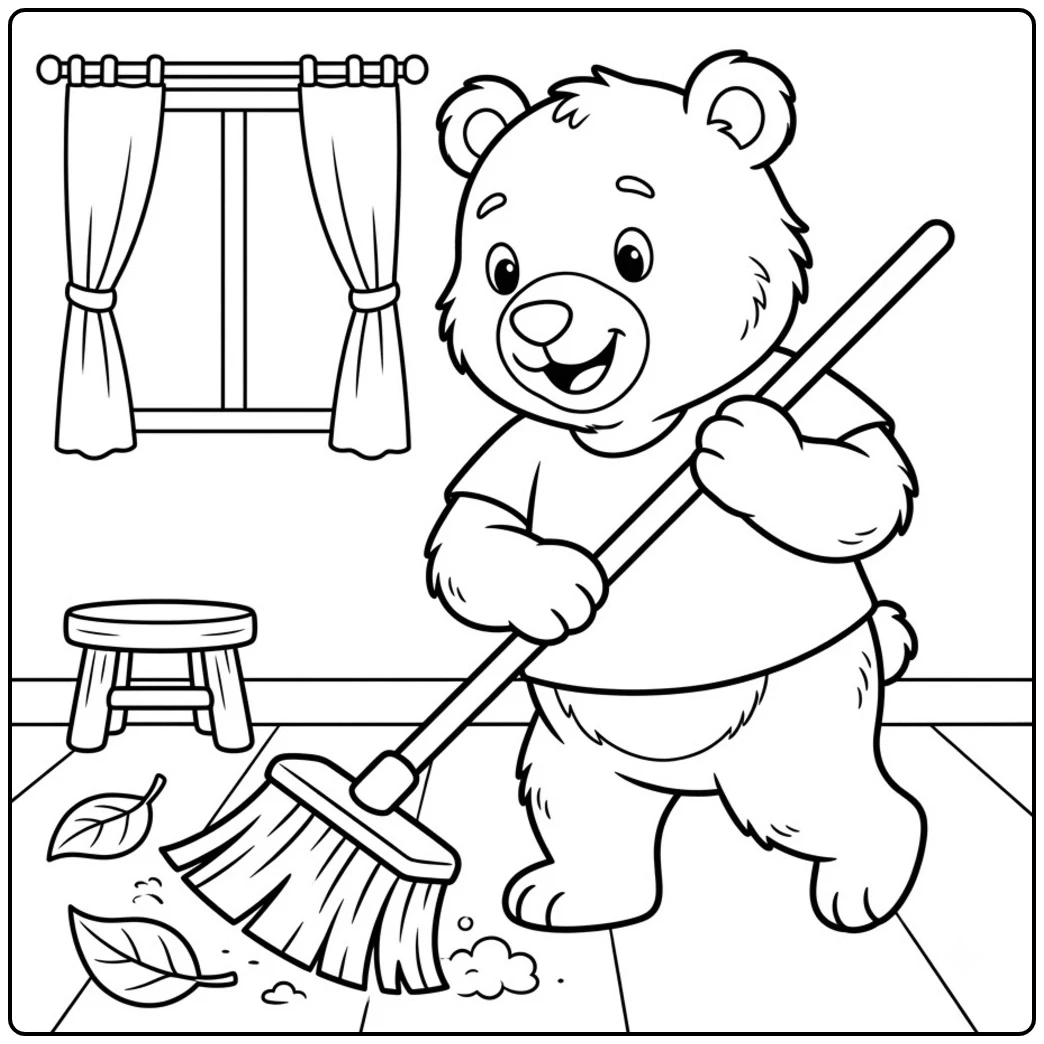 Smiling bear sweeps leaves and dust across the floor of a simple room with a window.