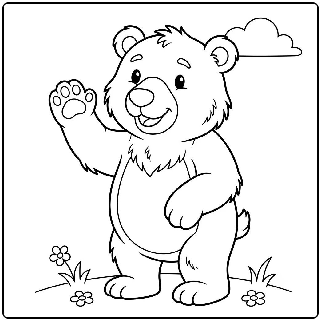 Smiling bear waves one paw beside flowers and a cloud in an easy bear coloring page for kids.