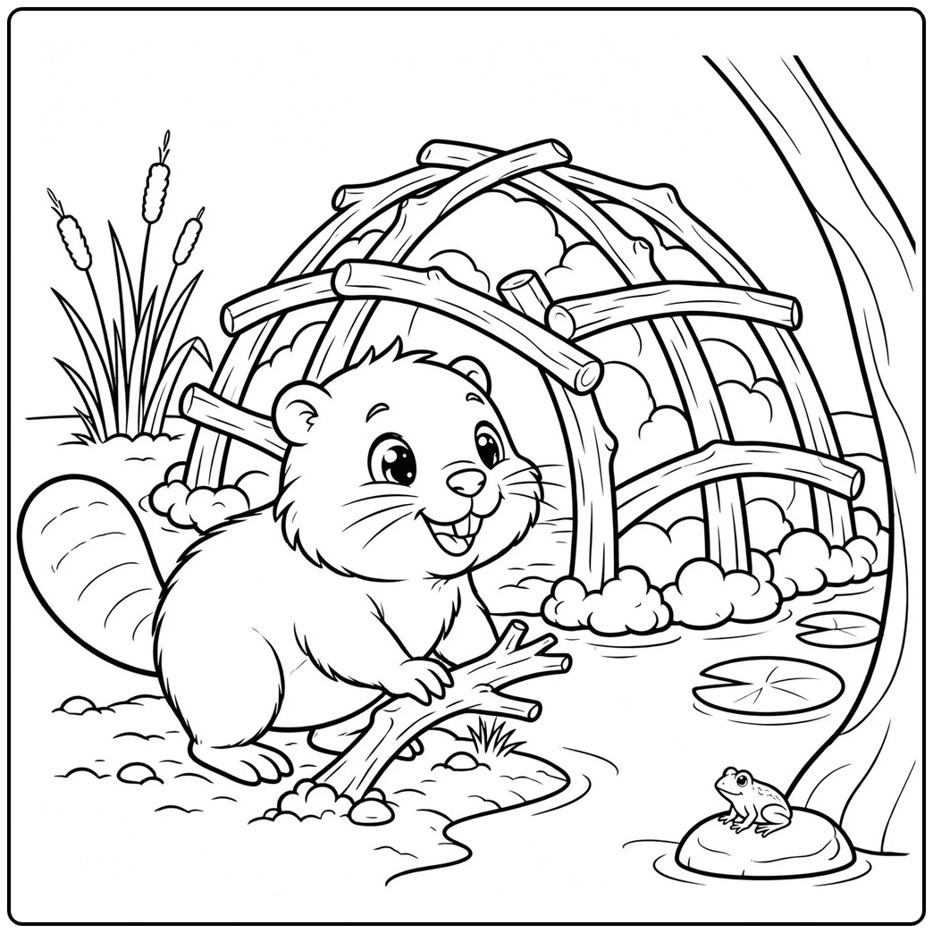 A cute beaver coloring page shows a smiling kit beside a branch-built lodge and a frog.