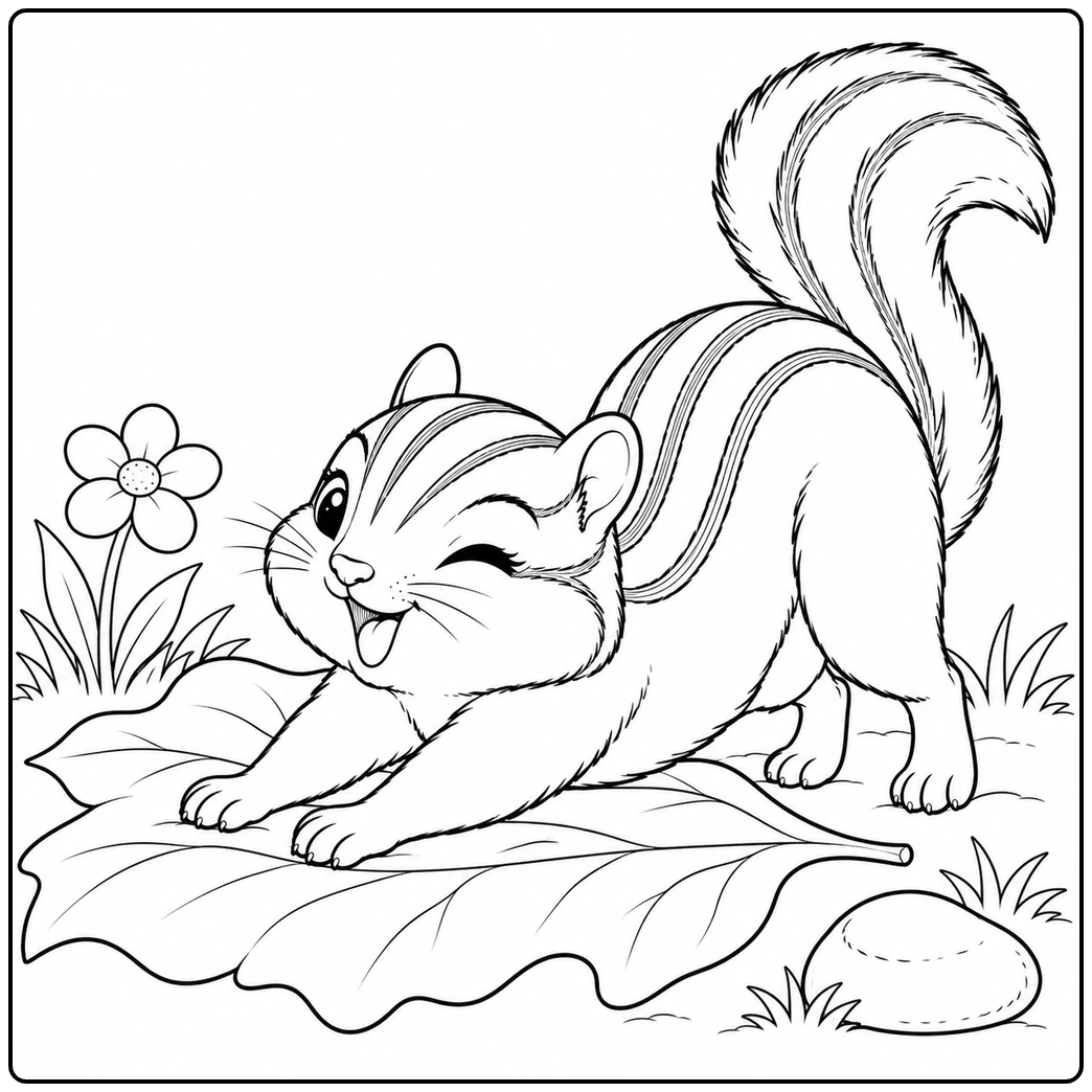 Smiling chipmunk stretches forward on a broad leaf with its fluffy tail raised high