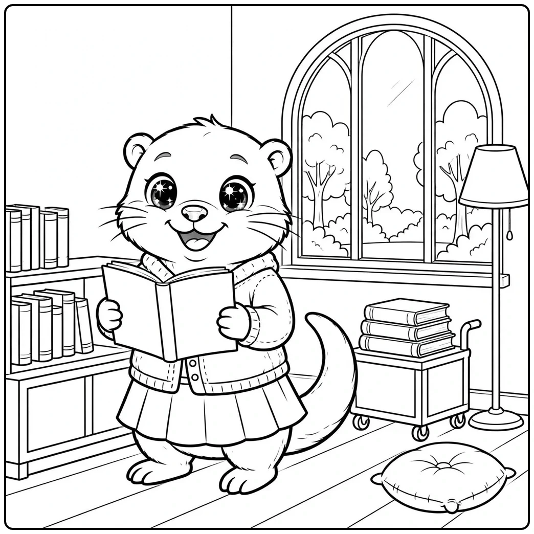 A little librarian reads beside a book cart in this otter coloring page set indoors.