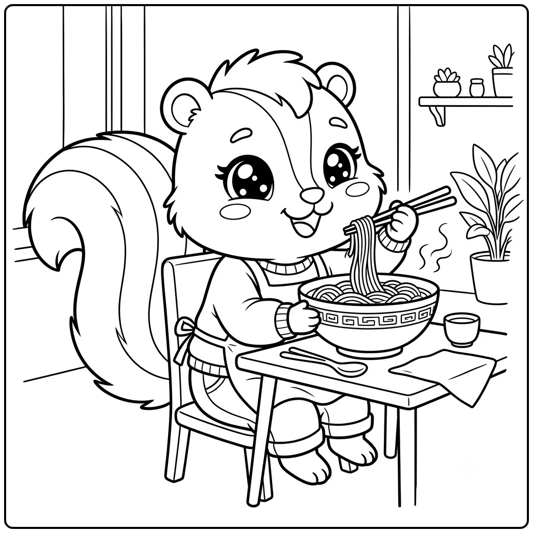 Dressed skunk lifts noodles with chopsticks from a steaming bowl at the table