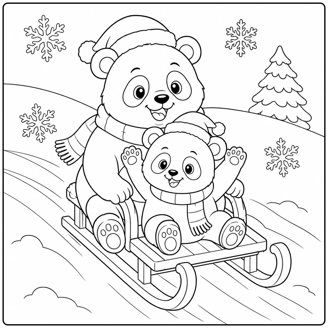 Joyful panda parent and cub sliding down a snowy winter hill on a wooden sled.