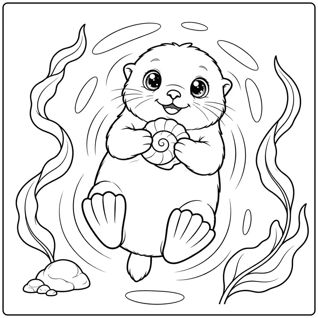 A wide-eyed otter floats on its back, clutching a spiral shell between kelp fronds.