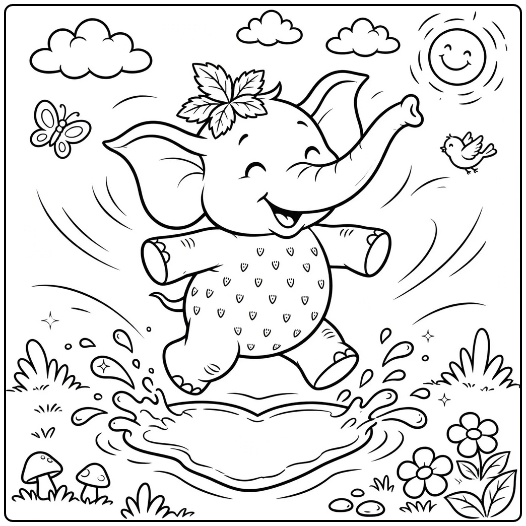 Joyful Strawberry Elephant splashes through a puddle beneath clouds, birds, and sunshine