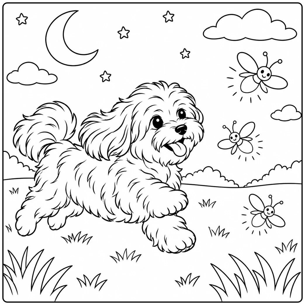 Havanese runs through a moonlit meadow while three large fireflies glow nearby
