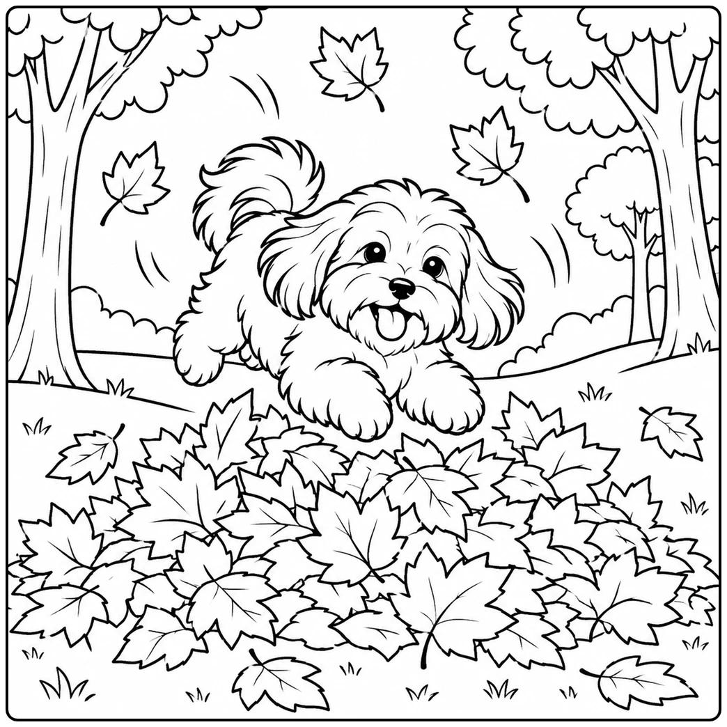 A Havanese leaps toward a large pile of autumn leaves beneath tall trees