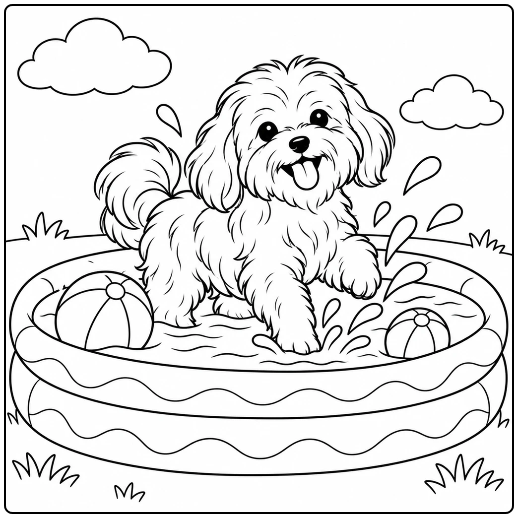 Happy Havanese splashes in a kiddie pool beside two floating beach balls