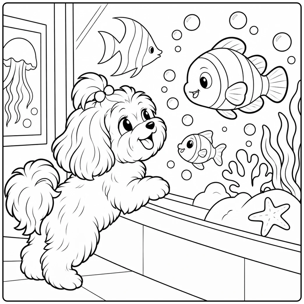 Curious dog peers at large fish and bubbles in a havanese coloring page at the aquarium