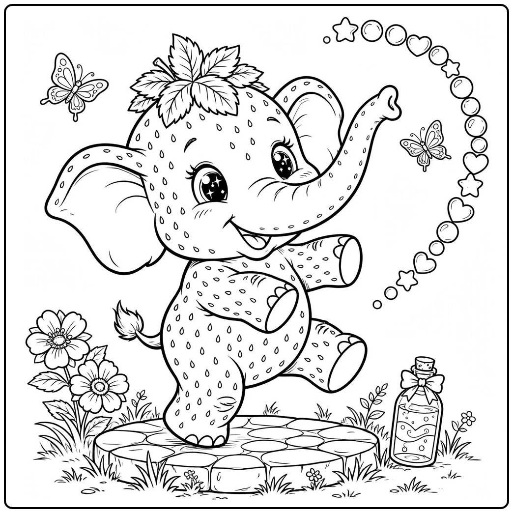 A big-eyed Strawberry Elephant blows heart and star bubbles beside flowers and butterflies