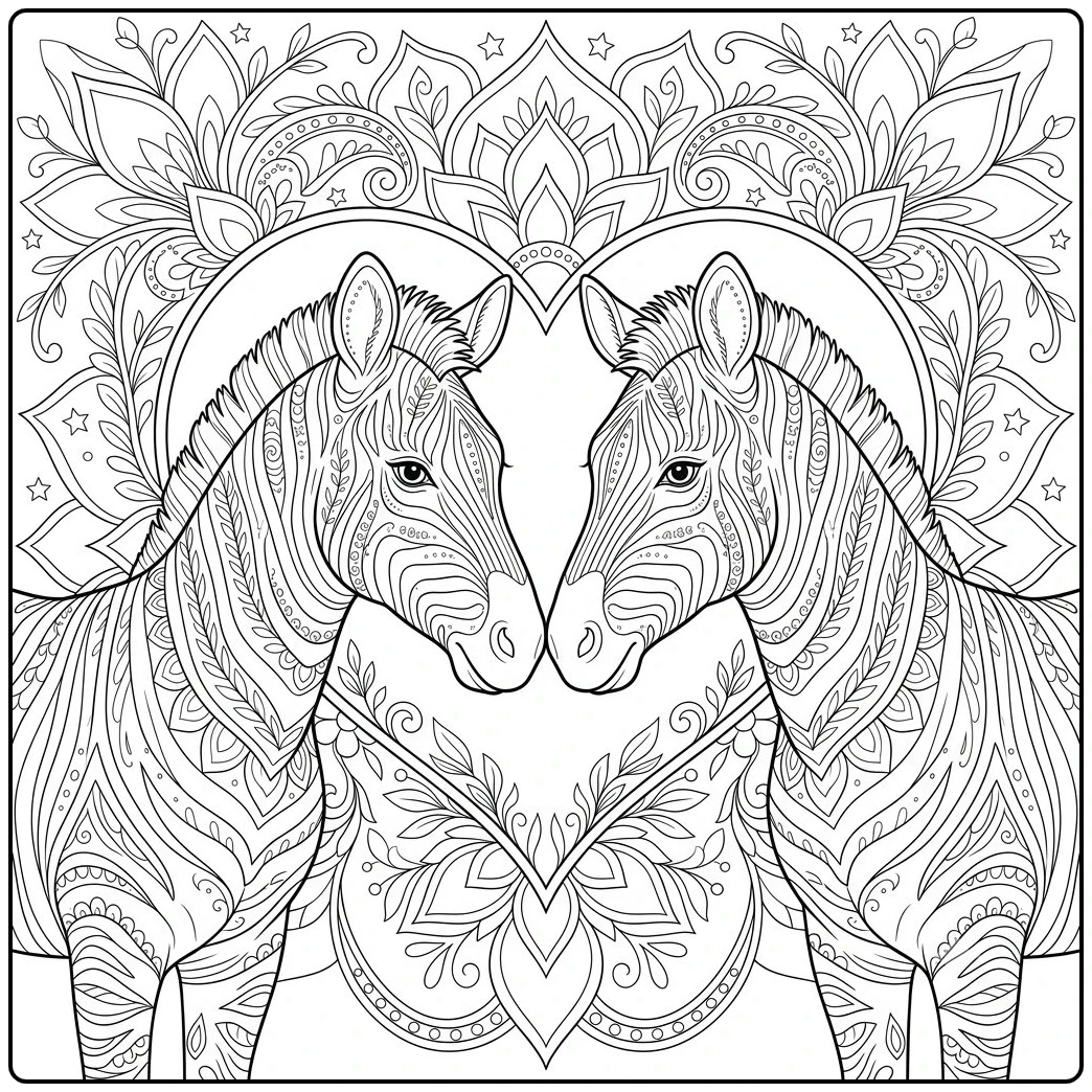 Two zebras form a heart shape in this zebra coloring page filled with mandala patterns