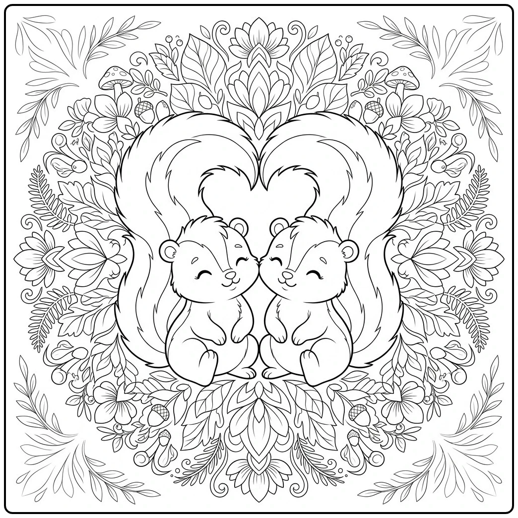 Symmetrical skunk coloring page with two skunks whose curled tails form a heart