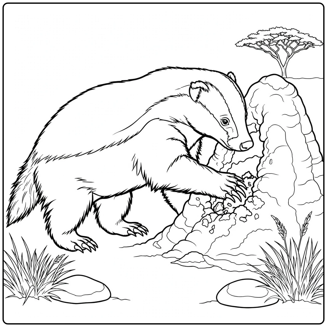 This honey badger coloring page shows powerful front claws digging into a termite mound.