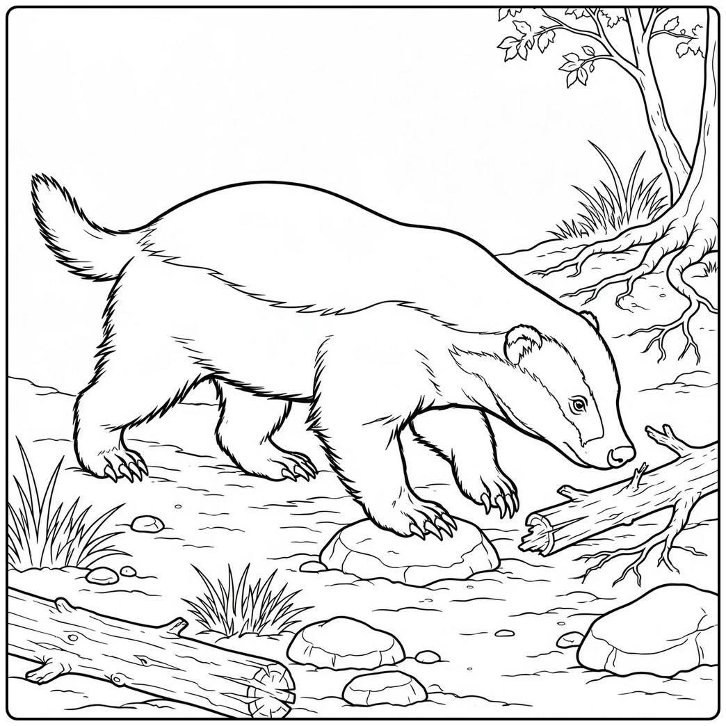 A wild honey badger steps onto a rock while sniffing a fallen branch near tree roots.