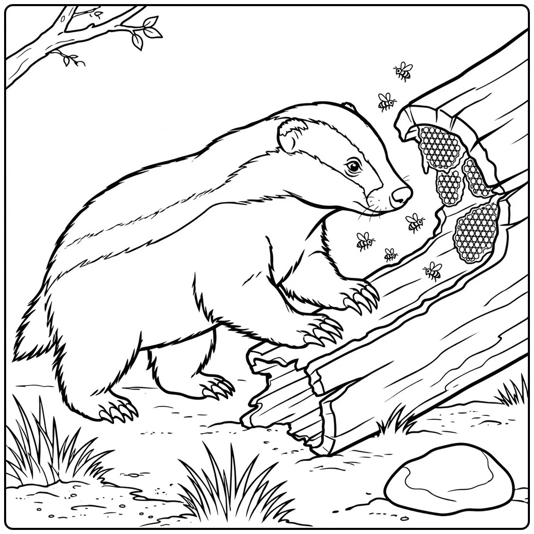Beside a hollow log, this honey badger coloring page features a badger inspecting honeycomb.