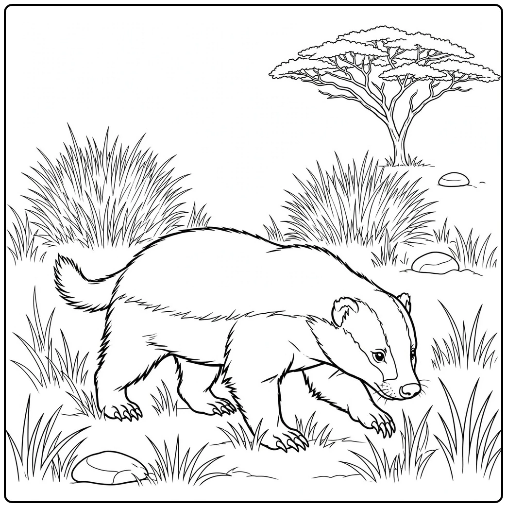 Honey badger coloring page featuring a lone badger walking through grass beneath an acacia tree.