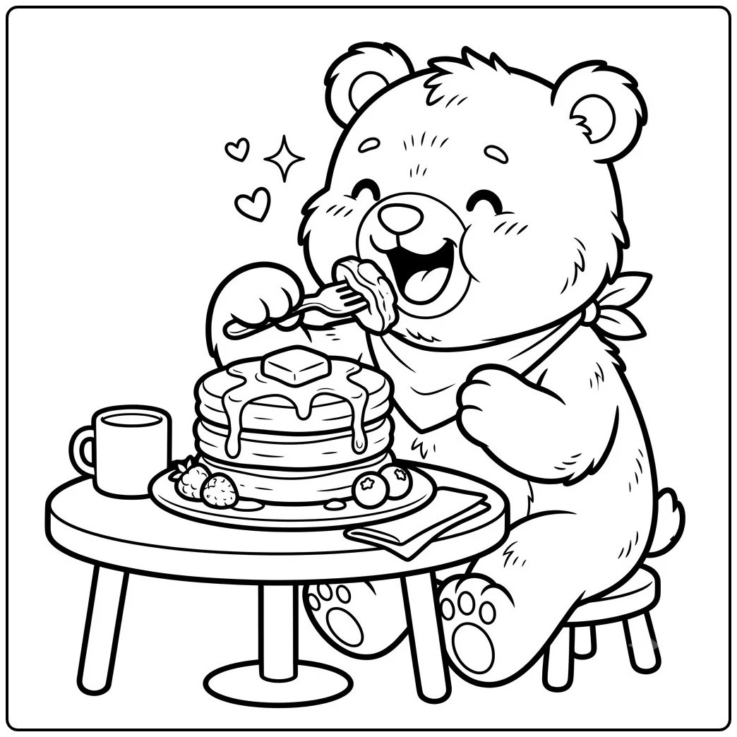 Happy bear enjoys a tall stack of pancakes at a table in this bear coloring page.