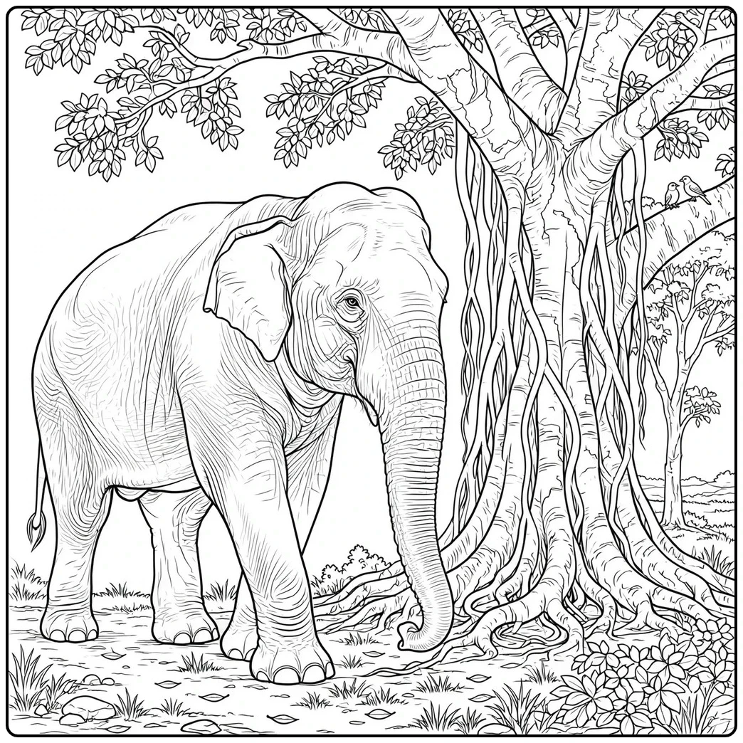 Indian elephant walks beside a sprawling banyan tree with hanging roots and foliage