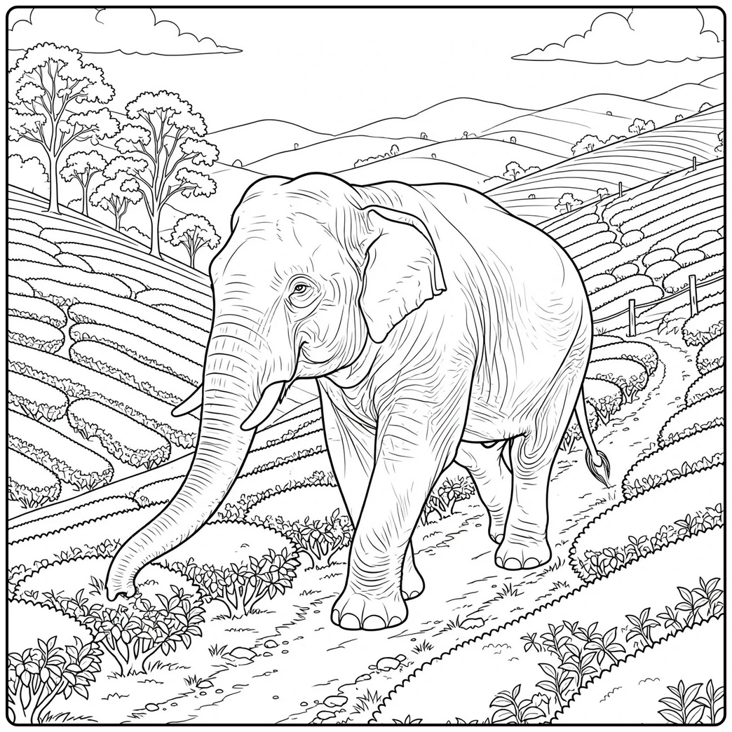 Indian elephant walks between curved rows of a hillside tea plantation with distant trees