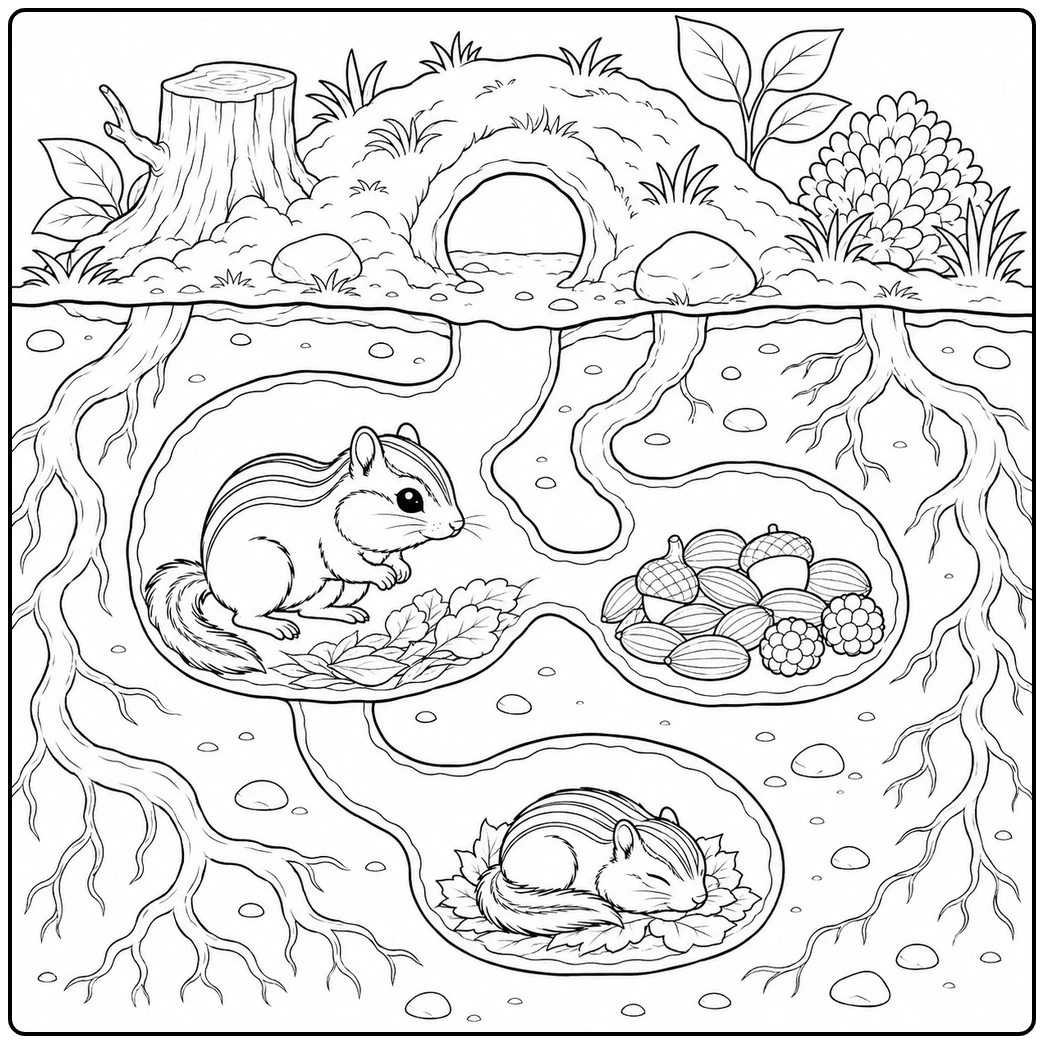 Underground chipmunk coloring page with tunnels, a food chamber, and a sleeping chipmunk