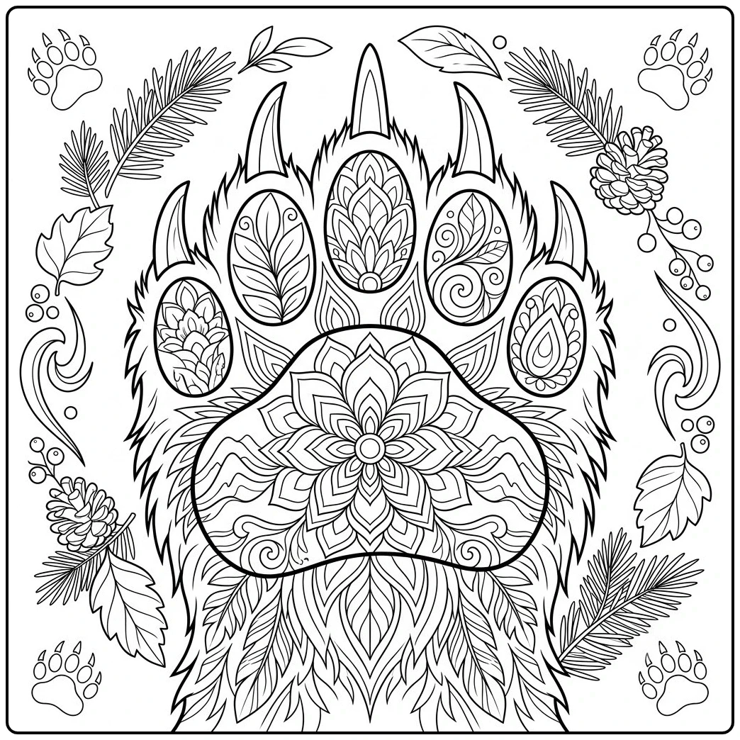 Detailed bear paw mandala filled with layered leaves, berries, pinecones, and floral patterns